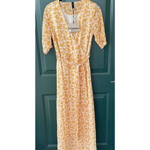 NWT Y.A.S. Mustard Yellow Floral Faux Wrap Maxi Dress M Cottagecore Fall
